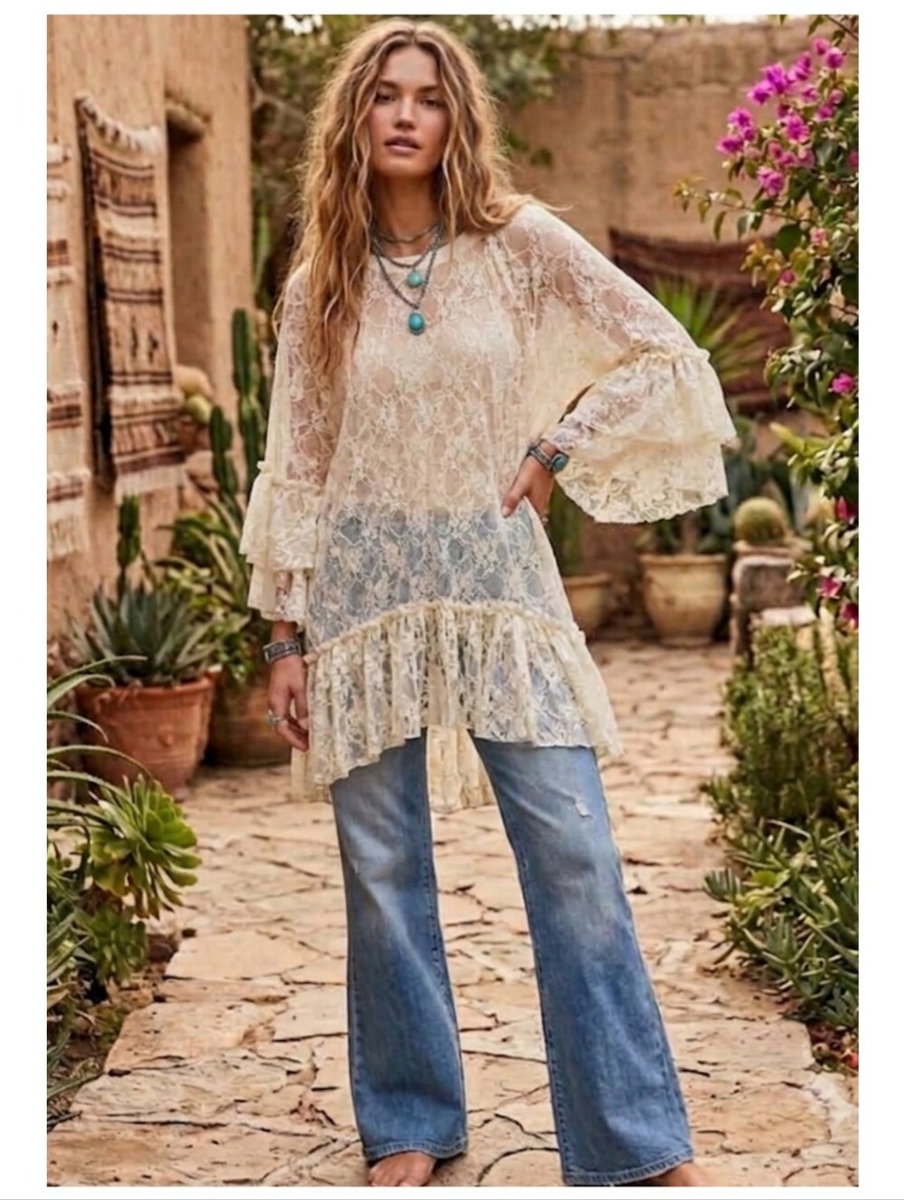 Lace Ruffle High-Low Tunic Layering Top - Cream - Picture 10 of 10